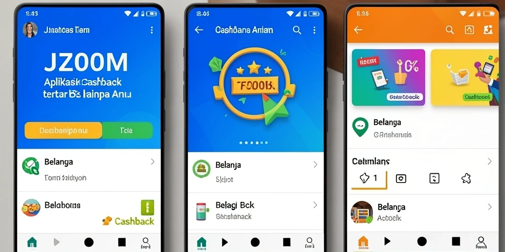 Antarmuka aplikasi J200M menampilkan berbagai penawaran cashback menarik.